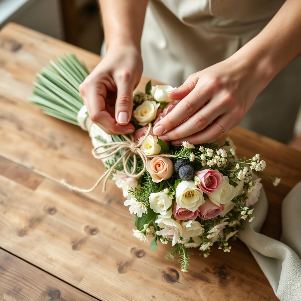 Florist tying twine around a hand-tied pastel bouquet